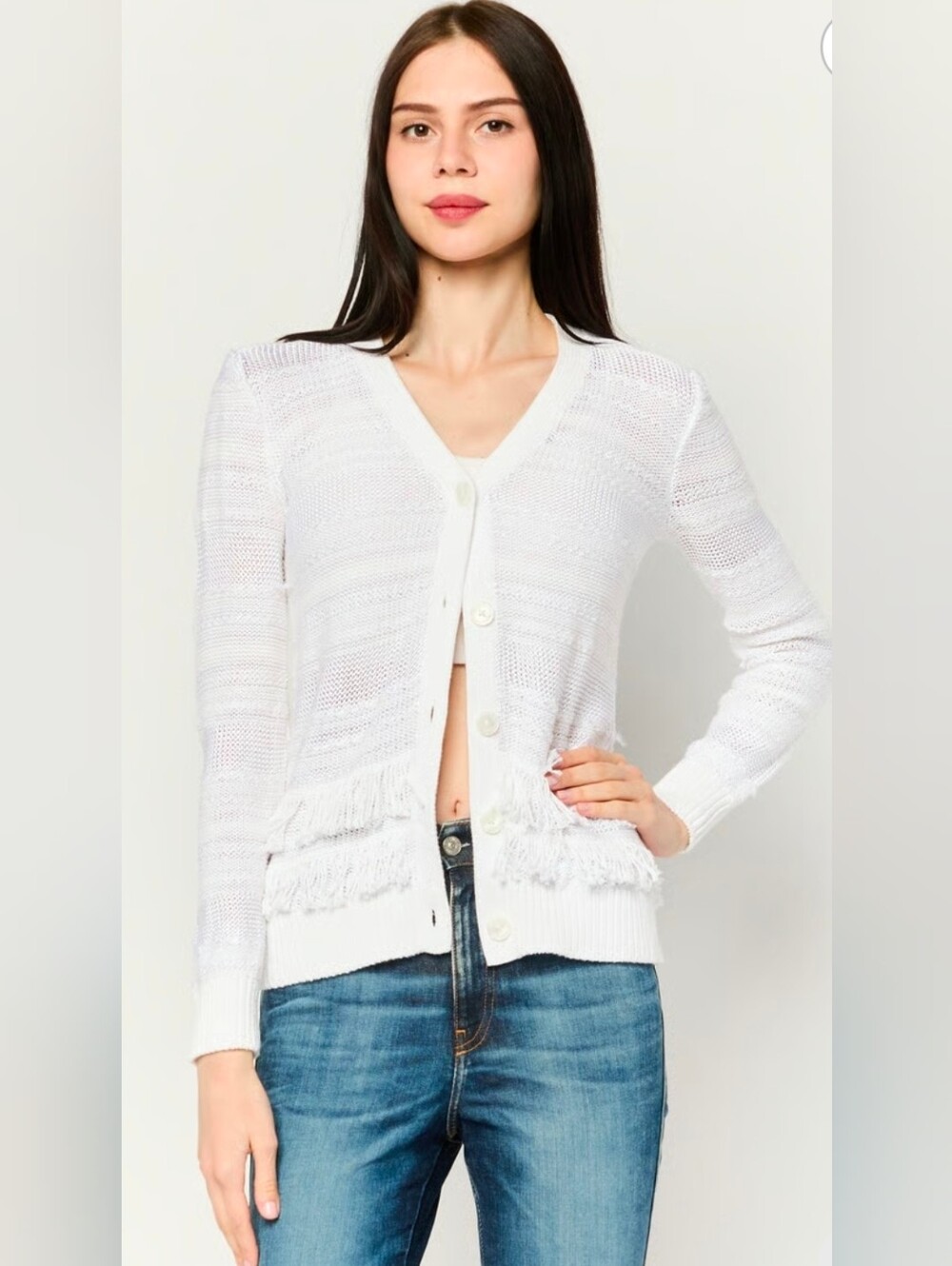LAUREN RALPH LAUREN White Fringe Trim Cardigan Sz XL